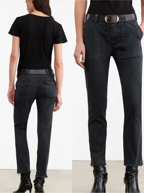 Nili Lotan Jenna Cotton Pants Carbon Grey Washed Black Raw Hem